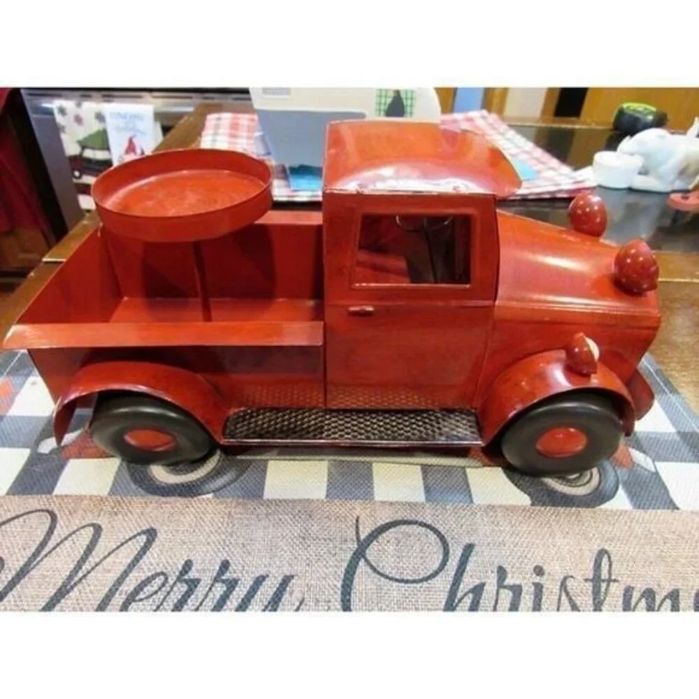 Red Christmas Truck Farmhouse Decor Candle Holder 12” Long Holiday